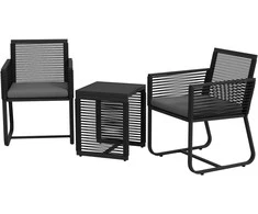 Lauko baldų komplektas "Outsunny" 3 dalių rotango sodo baldų komplektas, sėdimųjų vietų grupė, sodo komplektas su 2 sodo kėdėmis, staliuku su grūdinto stiklo stalviršiu, pagalvėlėmis, skirtas balkonui, juodas