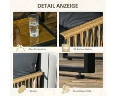 Lauko baldų komplektas "Outsunny" 4 dalių rotango sodo baldų komplektas, sėdimųjų baldų komplektas su pagalvėlėmis, sodo komplektas su 1 stikliniu kavos staliuku, 2 foteliais, 1 dvigule sofa, sėdimųjų baldų komplektas
