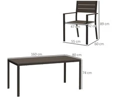 Lauko baldų komplektas Outsunny 7 dalių sodo baldų komplektas su 6 kėdėmis, valgomasis stalas su 6 sukraunamomis kėdėmis, valgomojo komplektas su raižytu stalu, virtuvės stalo komplektas, balkono baldai, lauko baldai terasai, balkonui, tamsiai rudos spalvos