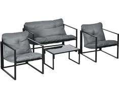 Lauko baldų komplektas Balkono baldai su sėdynių pagalvėlėmis, sodo svetainės komplektas, dvigulė sofa, 2 foteliai, žurnalinis staliukas, pilka+juoda