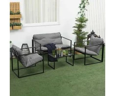 Lauko baldų komplektas Balkono baldai su sėdynių pagalvėlėmis, sodo svetainės komplektas, dvigulė sofa, 2 foteliai, žurnalinis staliukas, pilka+juoda