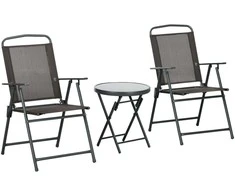 Lauko baldų komplektas "Outsunny" bistro komplektas 3 dalių metalinis oro sąlygoms atsparus sodo baldų komplektas su sulankstomu stikliniu stalu sodo kėdės lauko balkono baldų komplektas sėdimųjų vietų grupė balkono komplektas sodo komplektas rudas