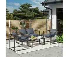 Lauko baldų komplektas "Outsunny" plieninių sodo baldų komplektas 4 asmenų oro sąlygoms atsparus balkono baldų komplektas su 2 vietų sofa, 2 foteliais, sėdynių pagalvėlėmis, staliuku, lauko sėdimųjų vietų grupe, terasos baldų sodo komplektas, skirtas sodo terasai, balkonui, pilkos spalvos