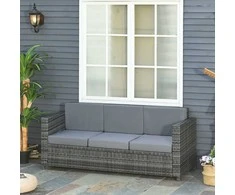 "Outsunny" polivinilinė rotango sodo poilsio sofa 3-vietė su pagalvėlėmis, metalinis poliesteris, pilka, 185 x 70 x 80 cm