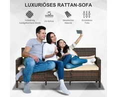 "Outsunny" rotango sodo poilsio sofa trivietė su pagalvėlėmis, plienas, ruda, 173 x 68 x 78 cm