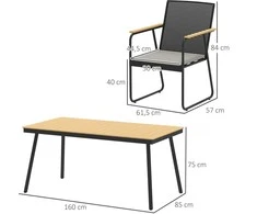 Lauko baldų komplektas Outsunny 7 dalių sėdimų baldų komplektas, metalinis valgomojo komplektas 6 asmenims, valgomasis stalas su 6 kėdėmis, virtuvės baldų komplektas su metaliniu rėmu, balkono baldai, sodo baldai terasai, natūralaus medžio spalvos