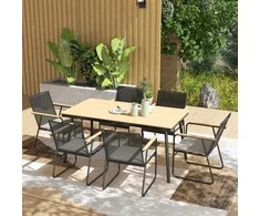 Lauko baldų komplektas "Outsunny" sėdimųjų baldų komplektas 7 dalių metalinis valgomojo komplektas 6 žmonėms valgomojo stalas su stalu 6 kėdės valgomojo komplektas virtuvės stalo komplektas su metaliniu rėmu balkono baldai sodo baldai terasai, balkonui natūrali mediena