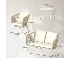 Lauko baldų komplektas "Outsunny" sodo baldų komplektas iš poliratano svetainės komplektas su 2 vietų sofa foteliu staliuku pagalvėlėmis oro sąlygoms atspari sėdimųjų vietų grupė 4 žmonėms lauko balkono baldų komplektas terasos baldai sodui balkonui terasai chaki spalvos