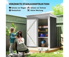 Lauko įrankių namelis (sodo namelis) iš gofruoto plieno, sieninio dizaino, su reguliuojamomis lentynomis, užrakinamos durys, tamsiai pilkos spalvos.