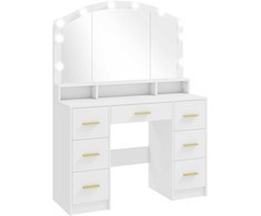 Kosmetinis staliukas su 10 LED Holivudo stiliaus lempučių, veidrodžiu, 7 stalčiais, 3 skyriais, MDF, baltas