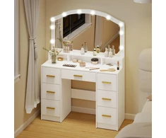 Kosmetinis staliukas su 10 LED Holivudo stiliaus lempučių, veidrodžiu, 7 stalčiais, 3 skyriais, MDF, baltas