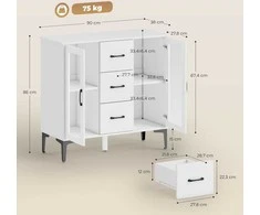 Modernus bufetas su švelnaus uždarymo durelėmis, 3 stalčių spintelė, 2 stiklinės durelės, reguliuojamos lentynos, MDF, balta