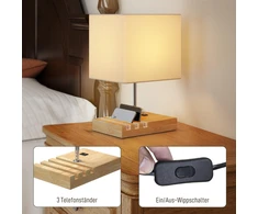 Naktinė lempa, USB jungtys, medis, audinys, svirtinis jungiklis, laikymo skyriai, balta