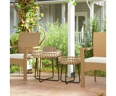 "Outsunny" 2 poliratano staliukų rinkinys Ø60/41 cm apvalus oro sąlygoms atsparus sodo stalas su X formos kojomis, reguliuojamomis kojelėmis lauko balkono staliukas kavos staliukas sodo baldai sodui, balkonui, rudos spalvos
