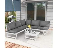 Lauko baldų komplektas Outsunny 4 dalių sodo baldų komplektas su kampine sofa, kavos staliuku, sėdynių pagalvėlėmis - pilkos spalvos