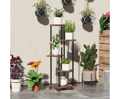 "Outsunny" 5 pakopų augalų stovas su ratukais, gėlių stovas patalpoms lauke, augalų stovas iš plieno, medžio, daugiapakopis gėlių stovas, 110 cm aukščio gėlių laiptai kambariui, sodo balkono apdaila, anglis