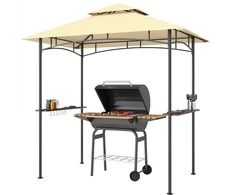 "Outsunny" BBQ pavėsinė su LED 240 x 150 x 258 cm vandens nepraleidžianti liepsnai atspari sodo pavėsinė su dvisluoksniu stogu, šoninėmis lentynomis, pavėsinės su apsauga nuo UV spindulių, BBQ pavėsinė vakarėliams BBQ rusvai gelsvas