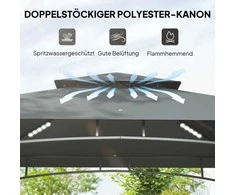 "Outsunny" BBQ pavėsinė su LED 240 x 150 x 258 cm vandens nepraleidžianti liepsnai atspari sodo pavėsinė su dvisluoksniu stogu, šoniniais stovais, pavėsinės su UV apsauga, BBQ pavėsinė vakarėliams BBQ tamsiai pilka