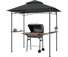 "Outsunny" BBQ pavėsinė su LED 240 x 150 x 258 cm vandens nepraleidžianti liepsnai atspari sodo pavėsinė su dvisluoksniu stogu, šoniniais stovais, pavėsinės su UV apsauga, BBQ pavėsinė vakarėliams BBQ tamsiai pilka