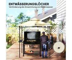 "Outsunny" BBQ pavėsinė su LED 240 x 150 x 258 cm vandens nepraleidžianti liepsnai atspari sodo pavėsinė su dvisluoksniu stogu, šoninėmis lentynomis, pavėsinės su apsauga nuo UV spindulių, BBQ pavėsinė vakarėliams BBQ rusvai gelsvas