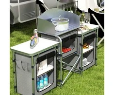 "Outsunny Camping Kitchen" sulankstoma virtuvė "Windbreak" 3 spintelės 3 stalviršiai Reguliuojamas šviesos stovas Camping Garden Aliuminio Oxford Pilkas