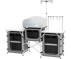 "Outsunny Camping Kitchen" sulankstoma virtuvė "Windbreak" 3 spintelės 3 stalviršiai Reguliuojamas šviesos stovas Camping Garden Aliuminio Oxford Pilkas
