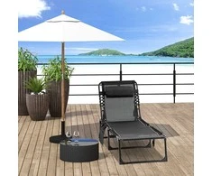 "Outsunny Chaise longue" sulankstomas gultas su reguliuojamu atlošu 5 padėtys nuimamas galvos atlošas šoninė kišenė tekstilės danga plieno rėmas 185 x 58 x 30 cm juodas