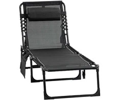 "Outsunny Chaise longue" sulankstomas gultas su reguliuojamu atlošu 5 padėtys nuimamas galvos atlošas šoninė kišenė tekstilės danga plieno rėmas 185 x 58 x 30 cm juodas