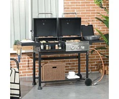 "Outsunny" dujinis kepsninės vežimėlis su 2+1 degikliais, termometru, 3 kW, BBQ anglių kepsninė, lentyna, šoninė lentyna, kablys, kempingas, juodas