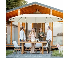 "Outsunny" skėtis su LED dvigubas skėtis 440 x 256 cm sodo skėtis rinkos skėtis didelis kiemo skėtis su rankine rankena ovalus metalinis kreminis baltas