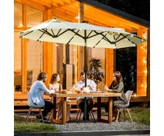 Outsunny Dvigubas sodo skėtis su LED, reguliuojamo pasvirimo kampo skėtis - smėlio spalvos 295 x 219 cm