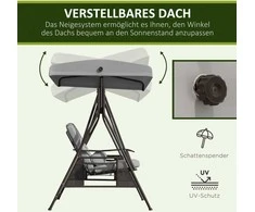 "Outsunny" dvivietės "Hollywood" sūpynės Modernios sodo sūpynės su stogeliu nuo saulės, pagalvėlėmis ir dėže, metalas, poliesteris, pilka, 162x118x173cm