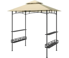 "Outsunny" grilio paviljonas 240 x 150 x 257 cm vandeniui atsparus, ugniai atsparus sodo paviljonas su dvigubu stogu, šoninėmis lentynomis, sodo pavėsine su UV apsauga, plieno BBQ paviljonas, grilio palapinė vakarėlių BBQ, smėlio spalvos