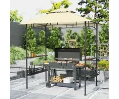 "Outsunny" grilio paviljonas 240 x 150 x 257 cm vandeniui atsparus, ugniai atsparus sodo paviljonas su dvigubu stogu, šoninėmis lentynomis, sodo pavėsine su UV apsauga, plieno BBQ paviljonas, grilio palapinė vakarėlių BBQ, smėlio spalvos