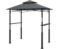 "Outsunny" grilio paviljonas su LED 243 x 148 x 248 cm vandeniui atsparus ugniai atsparus sodo paviljonas su dvigubu stogu, šoninėmis lentynomis, pavėsinėmis su UV apsauga, metalinis BBQ paviljonas, grilio palapinė vakarėliui BBQ pilka