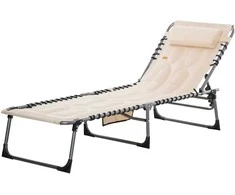 "Outsunny" gultas, sulankstomas sodo gultas su pagalve, šonine kišene, 5 padėčių reguliuojamu atlošu, oro sąlygoms atsparus kempingo gultas, kurio keliamoji galia iki 130 kg, skirtas sodui, paplūdimiui, baseinui, smėlio spalvos