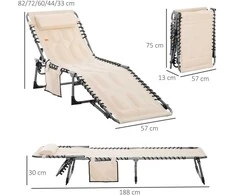 "Outsunny" gultas, sulankstomas sodo gultas su pagalve, šonine kišene, 5 padėčių reguliuojamu atlošu, oro sąlygoms atsparus kempingo gultas, kurio keliamoji galia iki 130 kg, skirtas sodui, paplūdimiui, baseinui, smėlio spalvos