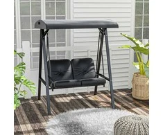 "Outsunny Hollywood" supynės 2 vietų sodo supynės su reguliuojamu stogu, pagalvėlėmis, supamojo suolo keliamoji galia iki 220 kg, skirtos sodui, balkonui, juodos spalvos, 145 x 116 x 172 cm