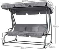 "Outsunny Hollywood Swing" 3 vietų sodo sūpynės su reguliuojamu stogu, pagalvėlėmis, atlenkiamu suoliuku, sulankstomu staliuku, iki 340 kg, skirtos sodui, balkonui, šviesiai pilkos spalvos