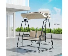 "Outsunny Hollywood Swing" rotango dvivietės sodo sūpynės su reguliuojamu stogeliu nuo saulės, pagalvėlėmis, kabantis suoliukas, kurio keliamoji galia iki 240 kg, kabančios sūpynės, skirtos sodo balkonui 149 x 121 x 180 cm, chaki spalvos