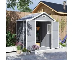 Outsunny įrankių namelis 2,4m², vandeniui atsparus sodo namelis su grindimis, šlaitinis stogas, 182x151x219/181 cm, įrankių namelis su užrakinamomis durimis, langas, dviračių garažas, aliuminio sodo spinta, kiemui, sodui, pilkas