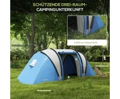 "Outsunny" kempingo palapinė 4-5 žmonėms, lengva, vandenį atstumianti šeimos palapinė su 3 kambarių šoninių durų langu, palapinė su 3000 mm vandens stulpeliu, tunelinė palapinė, kupolinė palapinė, skirta kempingams, kelionėms į sodą