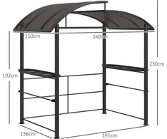 "Outsunny" kepsninės paviljonas su apsauga nuo liepsnos stogas BBQ paviljonas 2 lentynos apsauga nuo UV spindulių pavėsinė sodo balkonas plienas PC tamsiai pilka 240x150x230cm