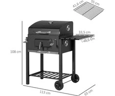 Outsunny kepsninė ant ratukų, medžio anglies grilis, BBQ pastatomas grilis, nerūdijantis plienas, juoda, 113x65x108 cm