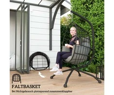 Outsunny kiaušinio formos lauko kabančioji kėdė, sulankstomos sūpynės su puodelių laikikliu, nuimamas plaunamas sėdynės užvalkalas, stovas, hamakas 1 asmeniui, supamoji kėdė terasai, sodui, juoda