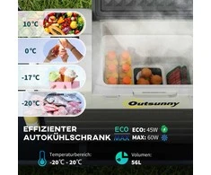"Outsunny" kompresorinė šaldymo dėžė 56L, šaldymo dėžė automobiliui 12/24V DC ir 240V AC iki -20°C, nešiojama šaldymo dėžė su ECO/MAX režimais, mini šaldytuvas su teleskopiniu stulpu, ratuku, skirtas stovyklavimui, sunkvežimiui, valčiai ir lizdui