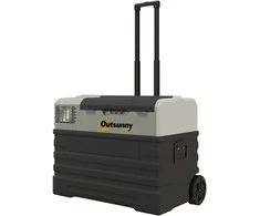 "Outsunny" kompresorinė šaldymo dėžė 56L, šaldymo dėžė automobiliui 12/24V DC ir 240V AC iki -20°C, nešiojama šaldymo dėžė su ECO/MAX režimais, mini šaldytuvas su teleskopiniu stulpu, ratuku, skirtas stovyklavimui, sunkvežimiui, valčiai ir lizdui