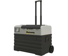 „Outsunny“ kompresorinis šaldytuvas 56 l, automobilių šaldytuvas 12/24 V DC ir 240 V AC iki -20 °C, nešiojamasis šaldiklis su ECO/MAX režimais, mini šaldytuvas su teleskopine rankena, ratukais, skirtas stovyklavimui, sunkvežimiams, valtims ir kištukiniam lizdui