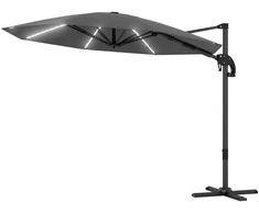 Outsunny aliumininis konsolinis skėtis su saulės LED apšvietimu, Ø300 cm, reguliuojamo aukščio, su alkūne, stovu, UV50+ apsauga, atsparus vandeniui, pasukamas 360°, pakreipiamas, tamsiai pilkas