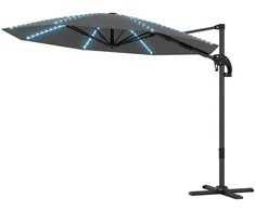 Outsunny aliumininis konsolinis skėtis su saulės LED apšvietimu, Ø300 cm, reguliuojamo aukščio, su alkūne, stovu, UV50+ apsauga, atsparus vandeniui, pasukamas 360°, pakreipiamas, tamsiai pilkas